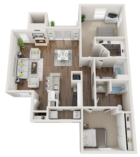 Floor plan for 2 beds, 2 baths, 1135 sqft
